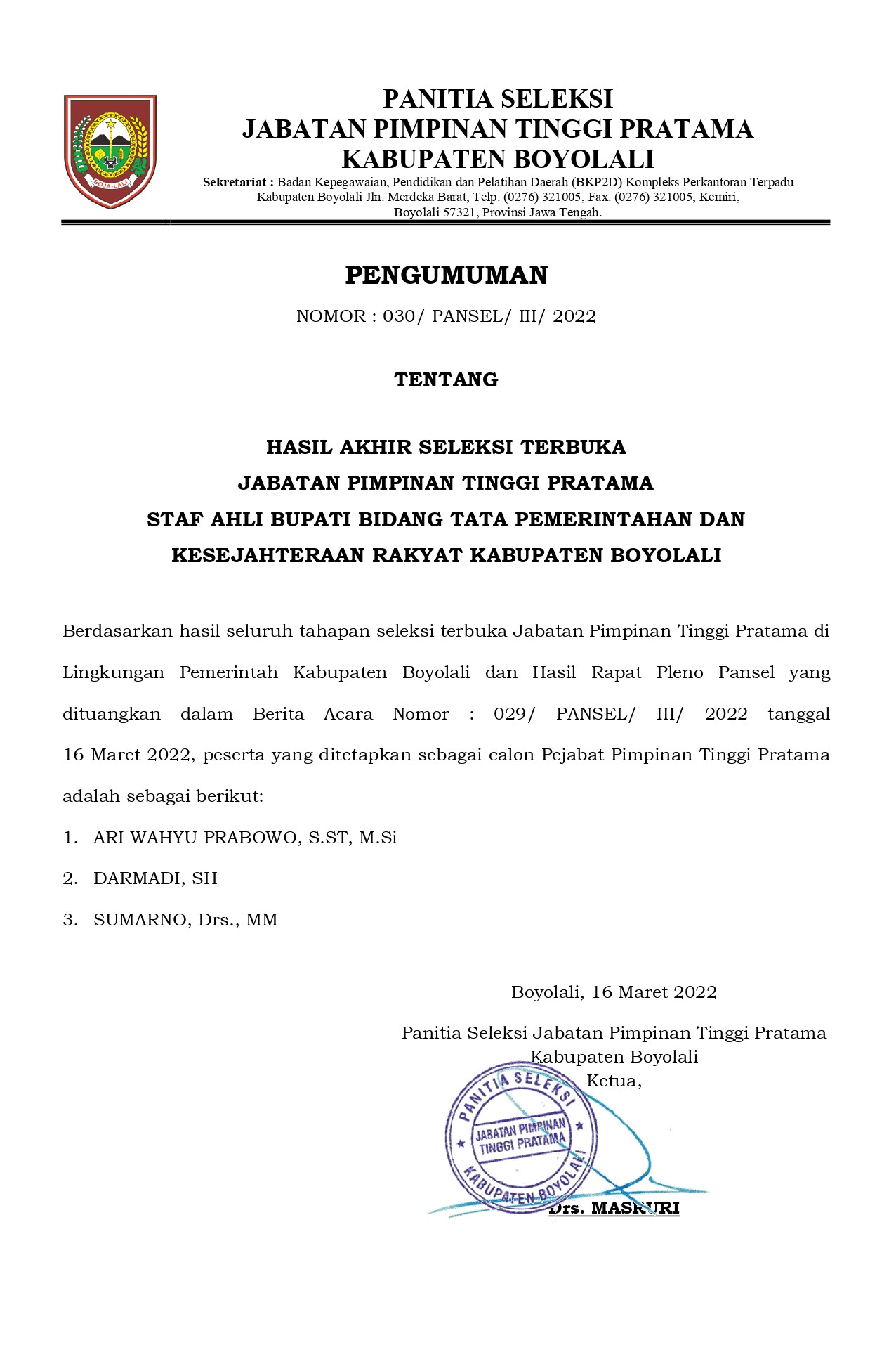 Pengumuman 3 Besar Seleksi JPT Pratama Tahun 2022